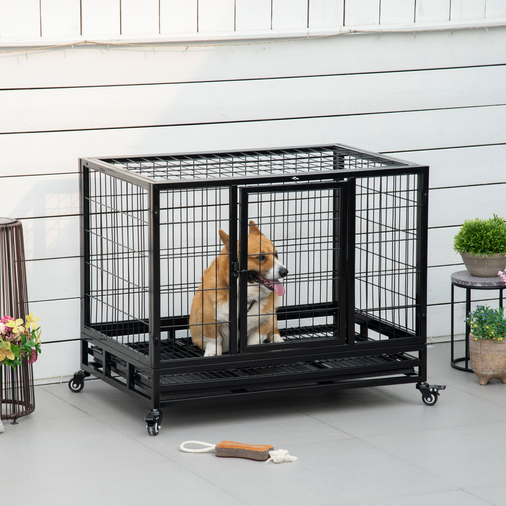 Heavy-Duty Metal Dog Crate with Wheels & Removable Tray