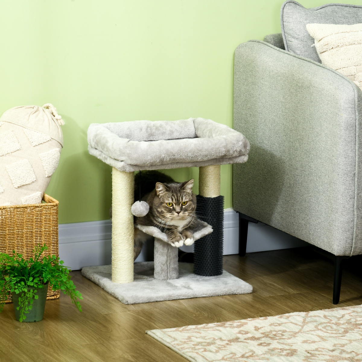 Compact Cat Tree with Bed, Scratching Posts & Self-Groomer