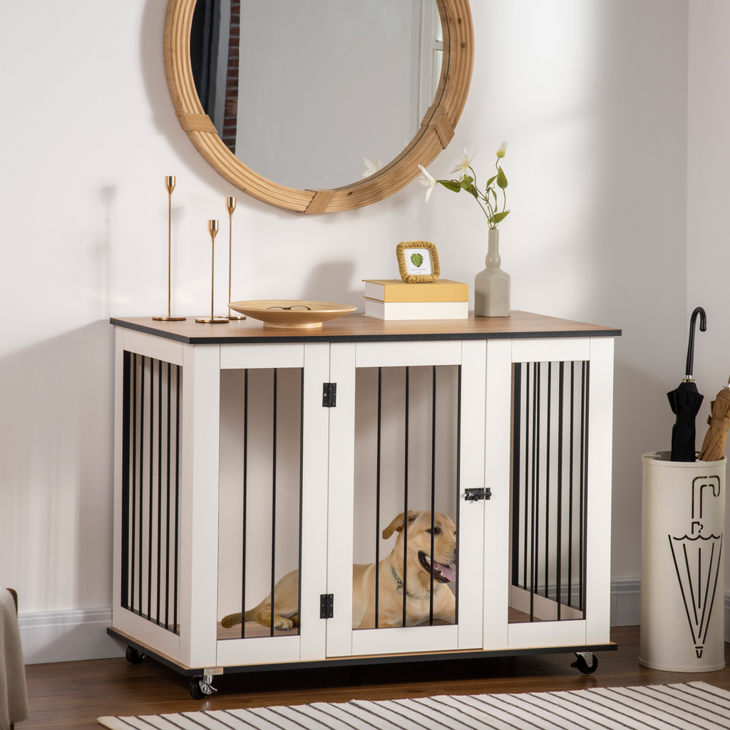 White Furniture Dog Crate End Table with Lockable Door | Petmelle