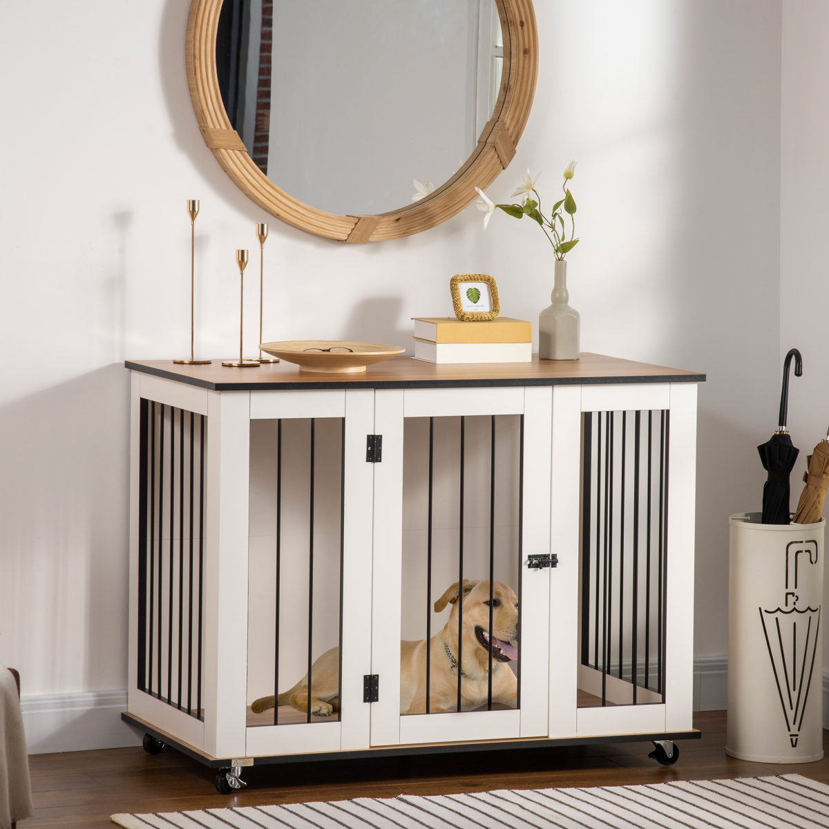 White Furniture Dog Crate End Table with Lockable Door | Petmelle