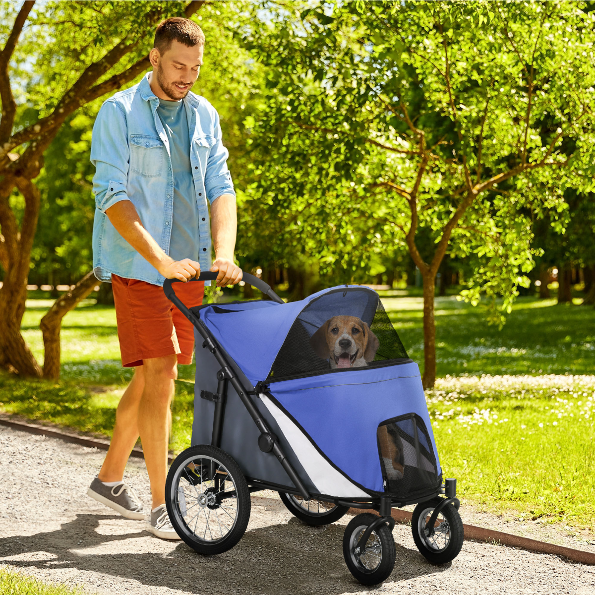 Blue Foldable Pet Stroller with Cushion for Medium & Large Dogs