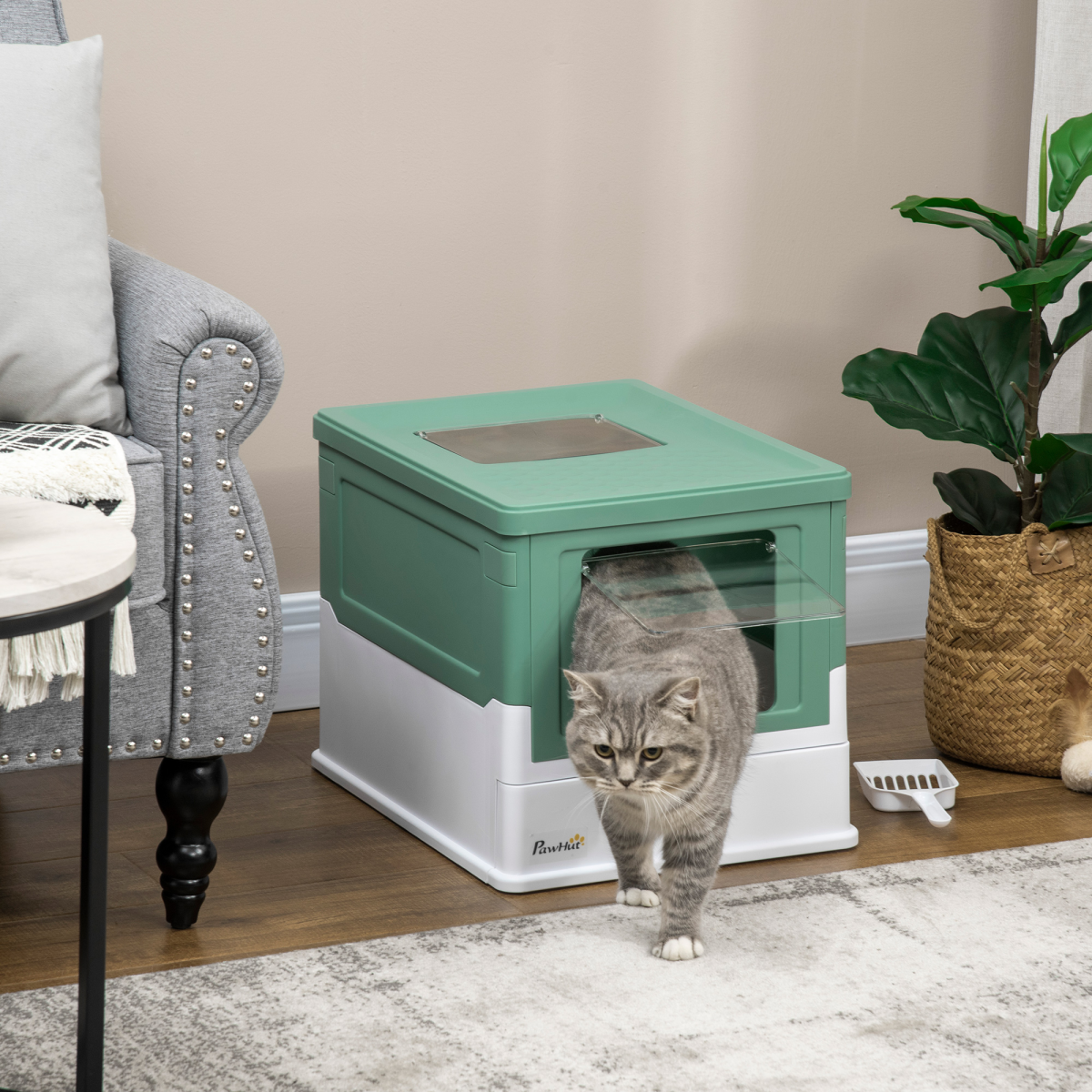 Portable Hooded Cat Litter Box with Scoop – Green