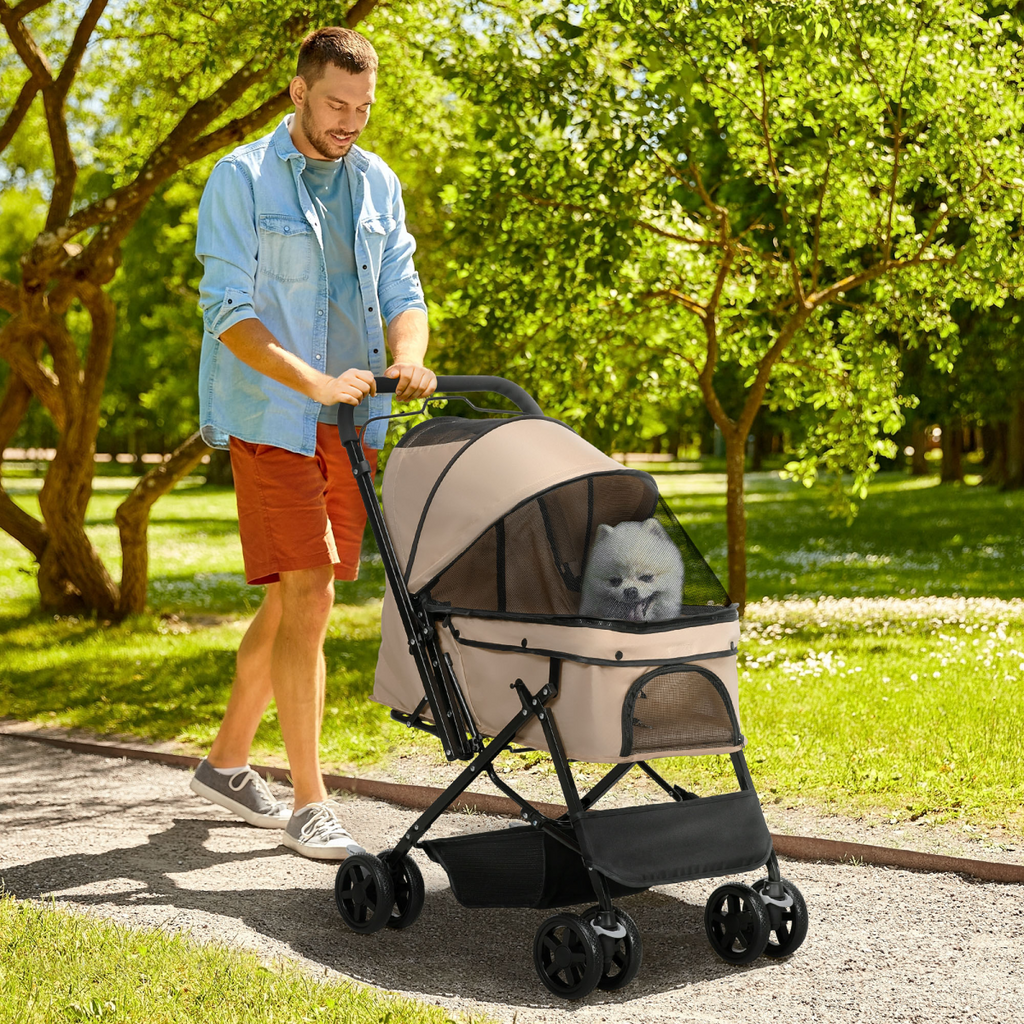 Brown Foldable Dog Stroller with Reversible Handle