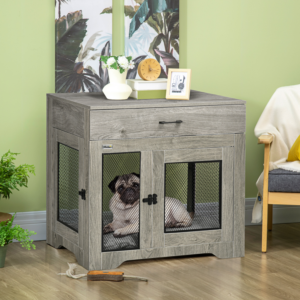 Grey Double-Door Furniture Dog Crate for Medium Dogs