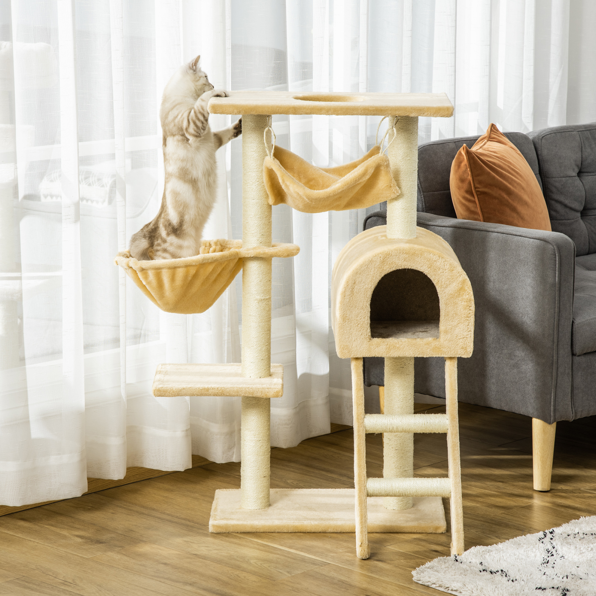 Indoor Cat Tree with Hammock, House & Scratching Post | Petmelle