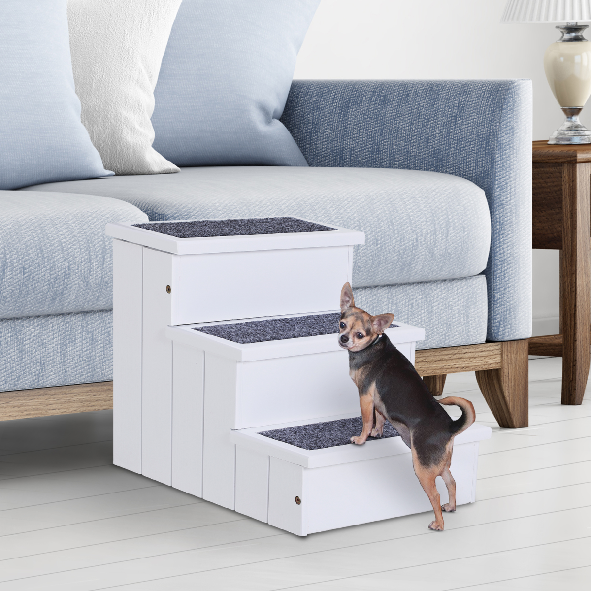 3-Step Wooden Pet Stairs with Storage for Dogs & Cats