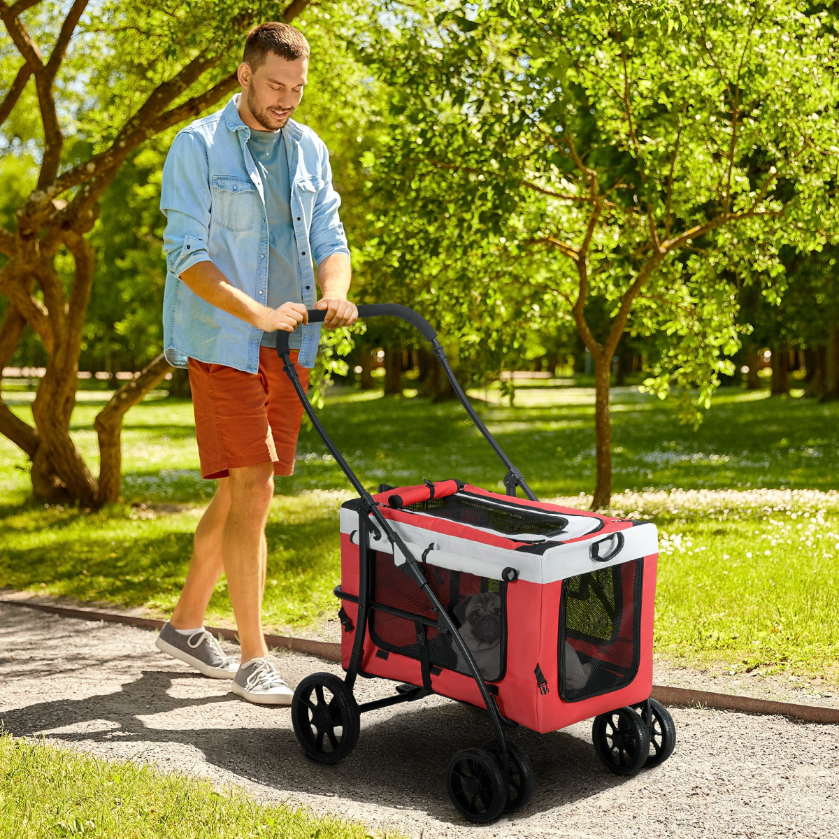 Foldable Pet Stroller with Detachable Carrier – Red