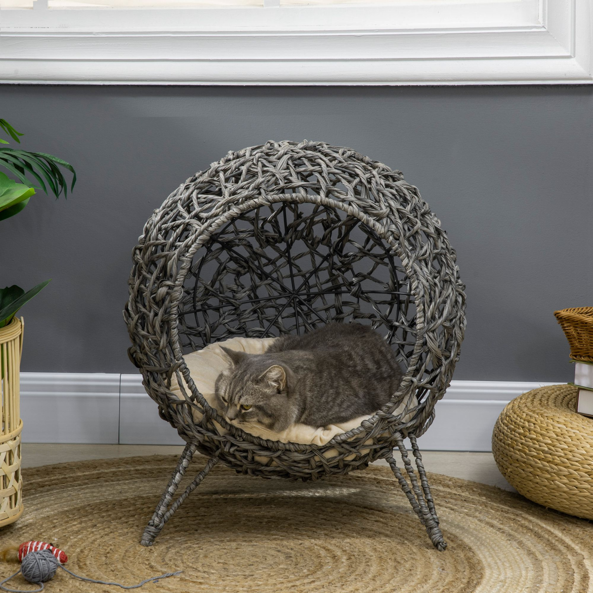 Elevated Rattan Cat Bed & Kitten Basket with Cushion