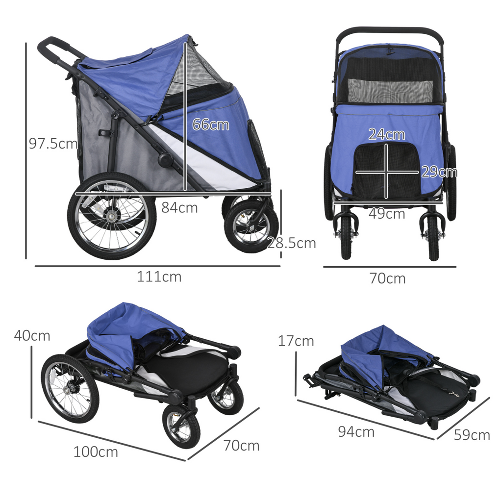 Blue Foldable Pet Stroller with Cushion for Medium & Large Dogs