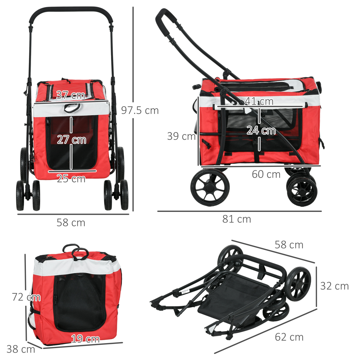 Foldable Pet Stroller with Detachable Carrier – Red