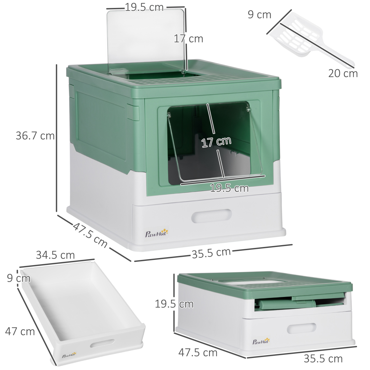 Portable Hooded Cat Litter Box with Scoop – Green