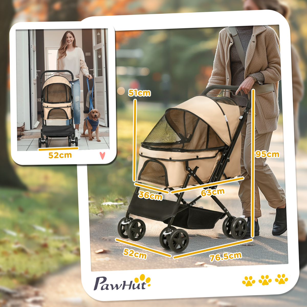 Brown Foldable Dog Stroller with Reversible Handle
