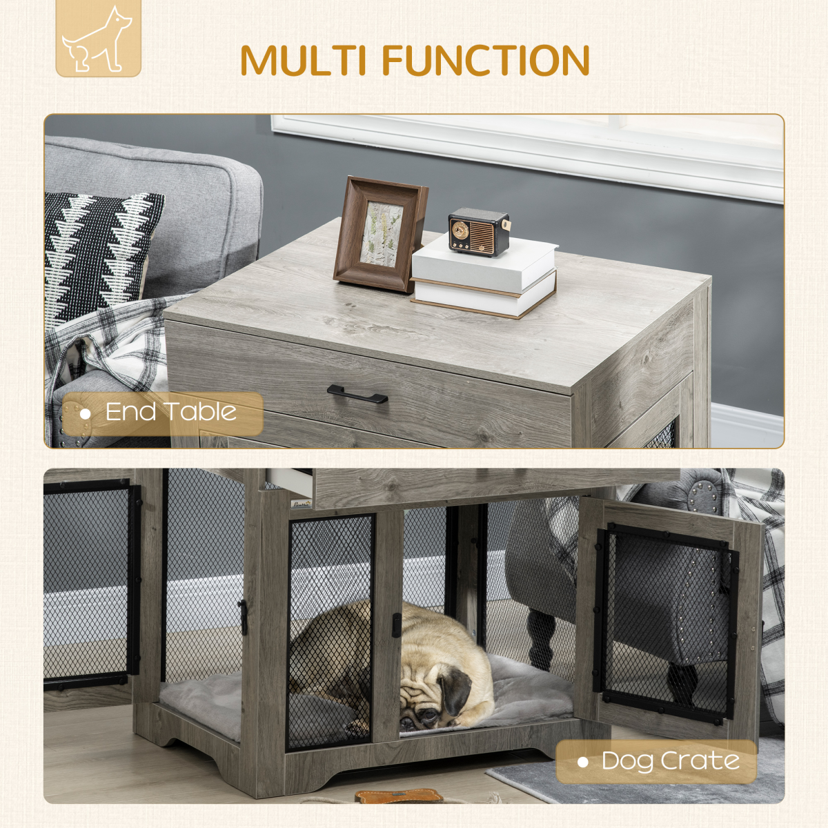 Grey Double-Door Furniture Dog Crate for Medium Dogs
