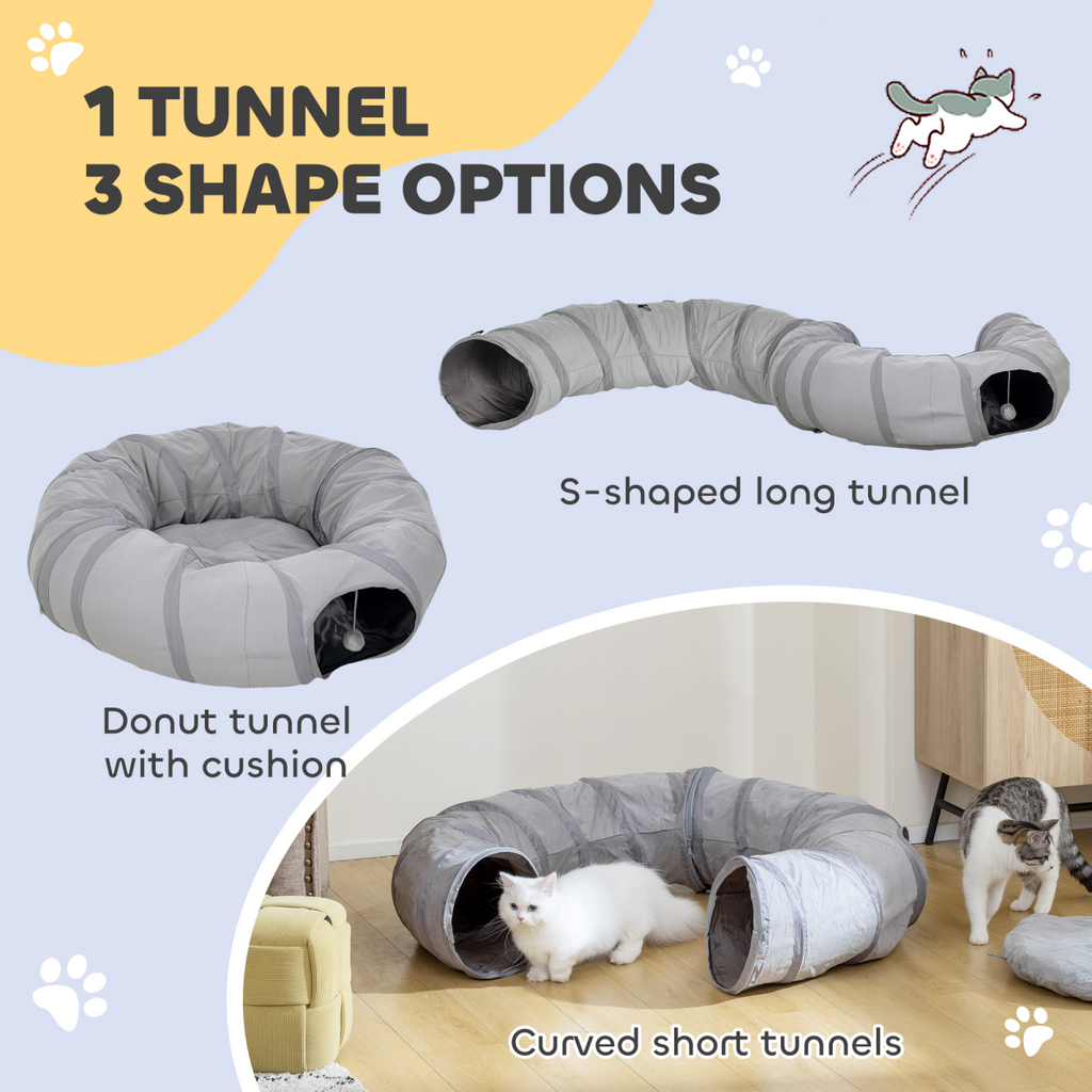 2-in-1 Cat Tunnel & Bed for Indoor Cats – Grey