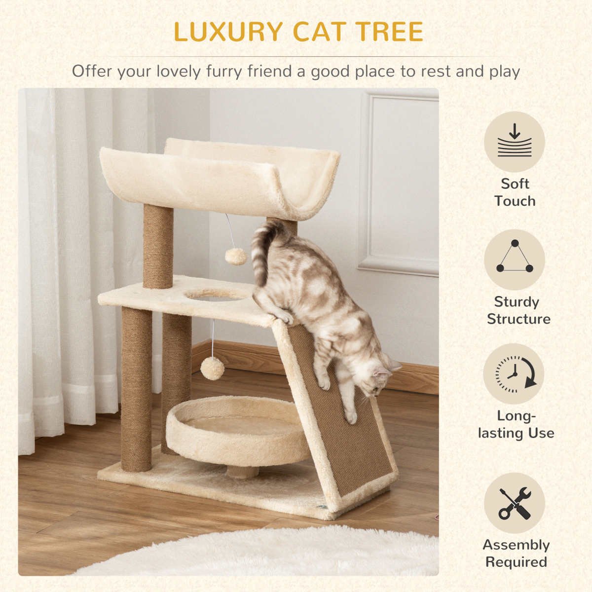 Cat Tree Tower with Scratching Post, Bed, Perch & Toy