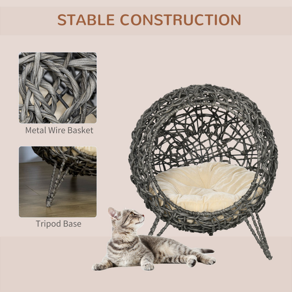 Elevated Rattan Cat Bed & Kitten Basket with Cushion