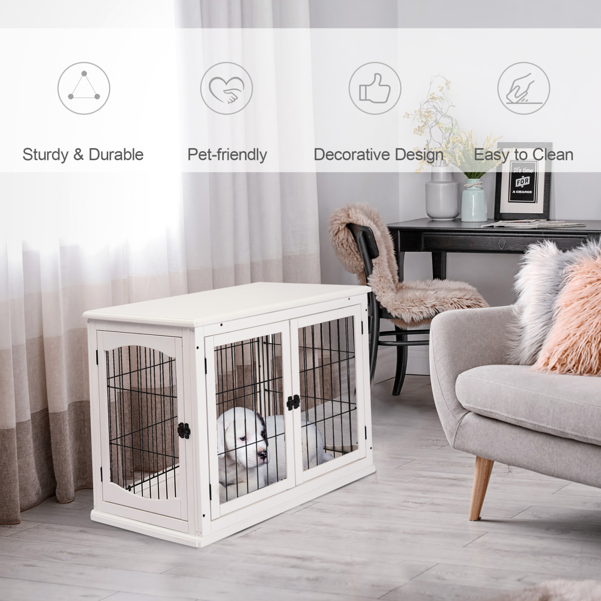 White Wooden Dog Crate End Table for Small Dogs