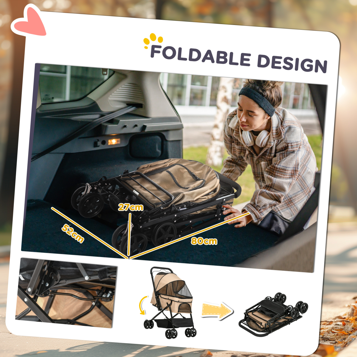 Brown Foldable Dog Stroller with Reversible Handle