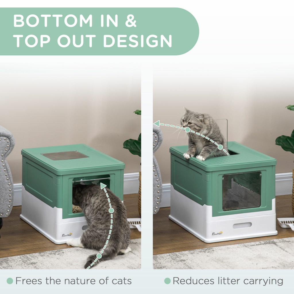 Portable Hooded Cat Litter Box with Scoop – Green