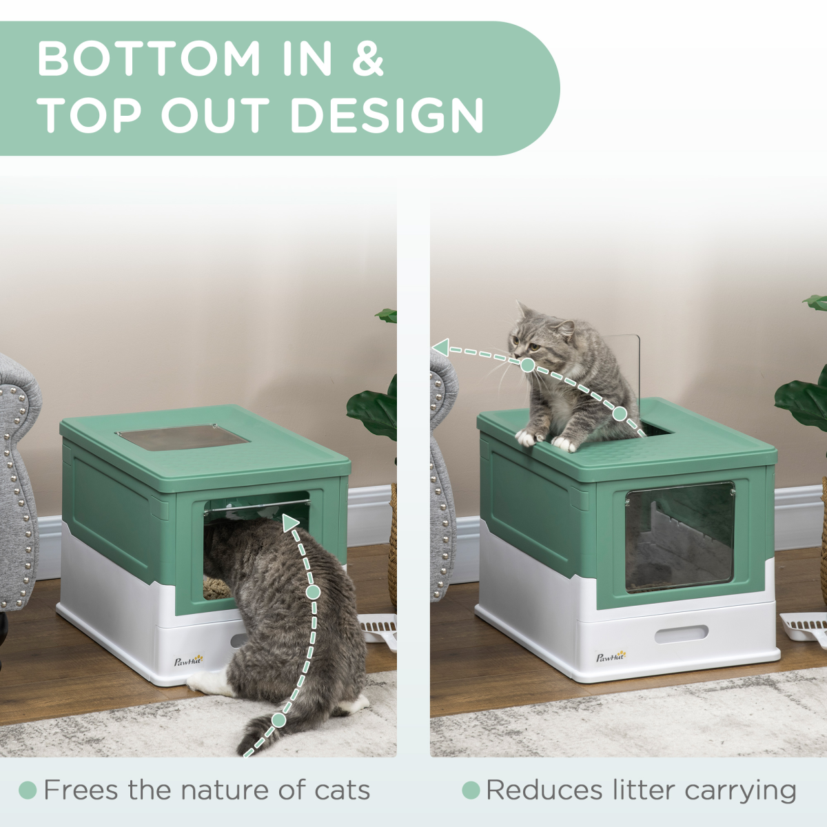 Portable Hooded Cat Litter Box with Scoop – Green