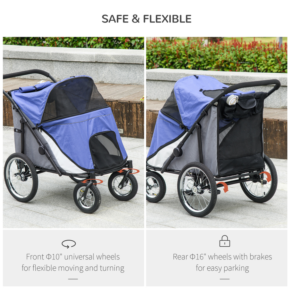 Blue Foldable Pet Stroller with Cushion for Medium & Large Dogs