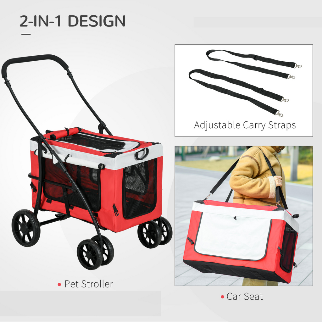 Foldable Pet Stroller with Detachable Carrier – Red
