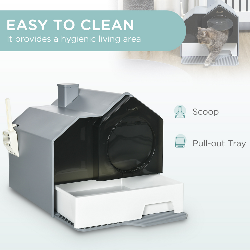 Hooded Cat Litter Tray with Drawer, Handle & Scoop