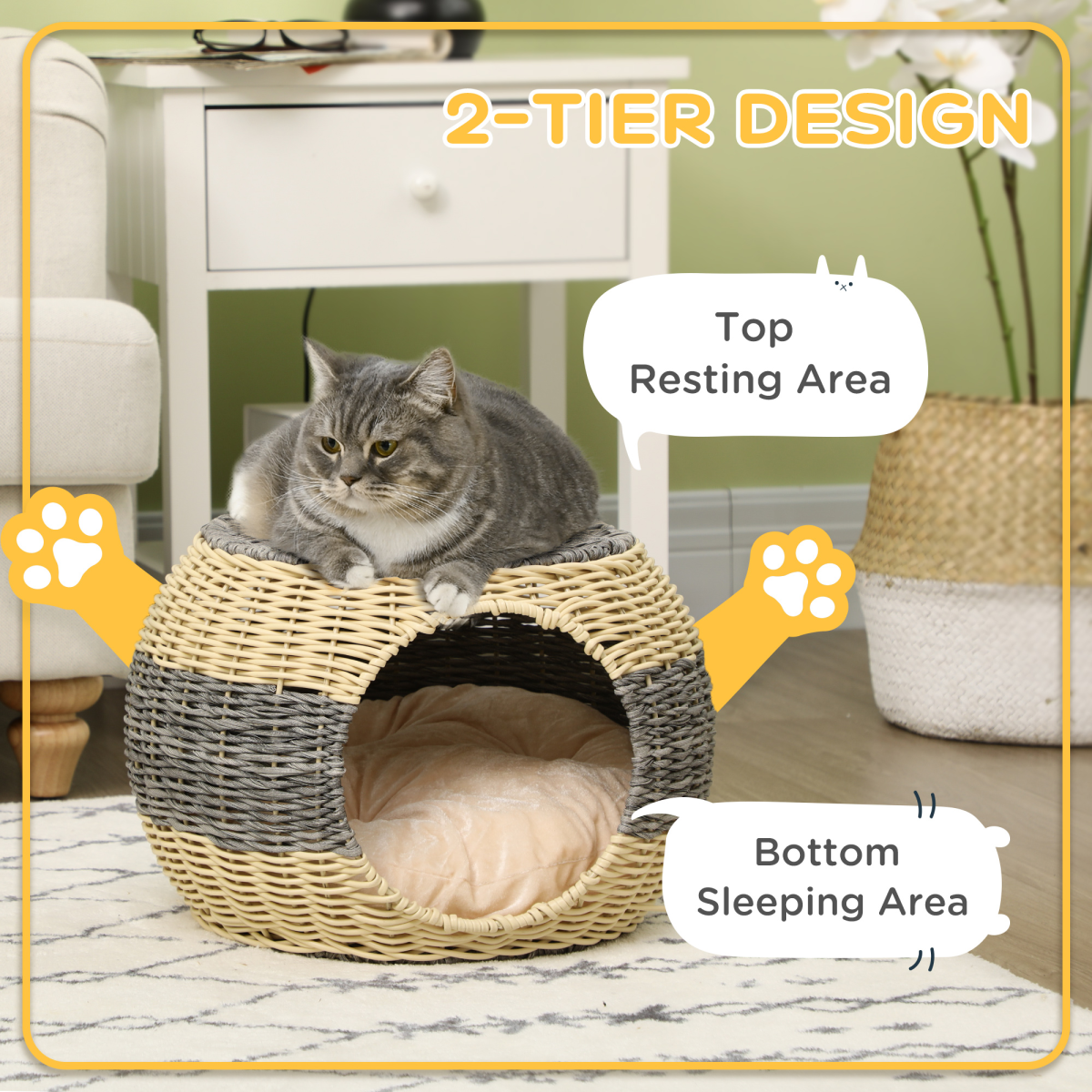 Rattan Raised Cat House with Soft Cushion | Petmelle