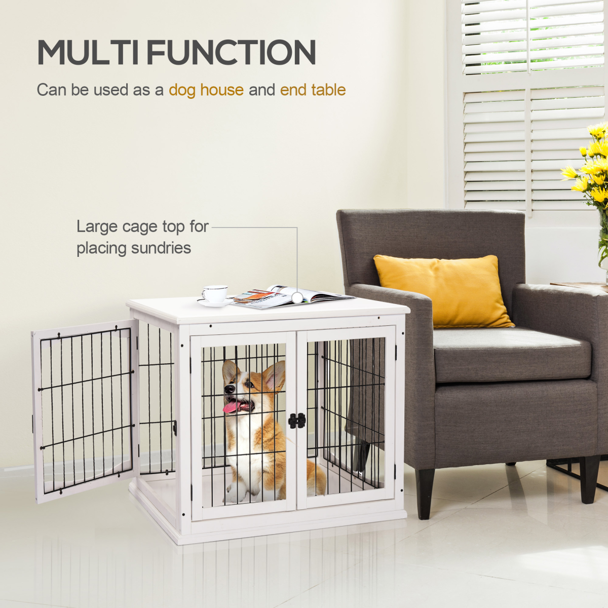 White Wooden Dog Crate End Table for Small Dogs