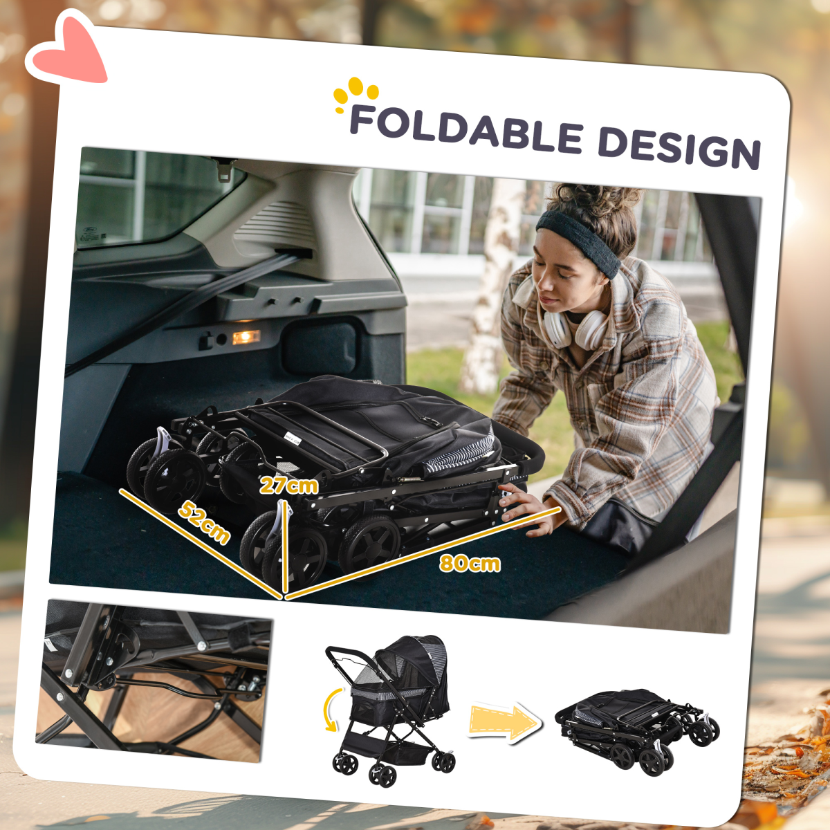 Black Foldable Dog Stroller with Reversible Handle