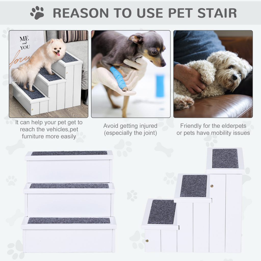 3-Step Wooden Pet Stairs with Storage for Dogs & Cats
