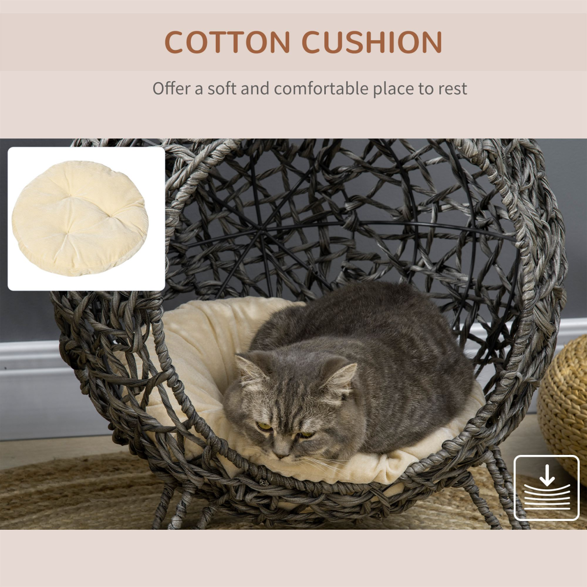 Elevated Rattan Cat Bed & Kitten Basket with Cushion