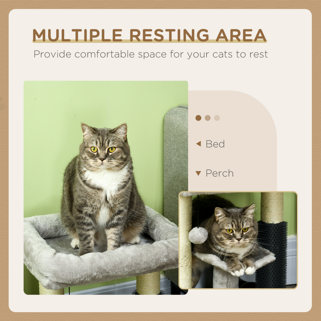 Compact Cat Tree with Bed, Scratching Posts & Self-Groomer