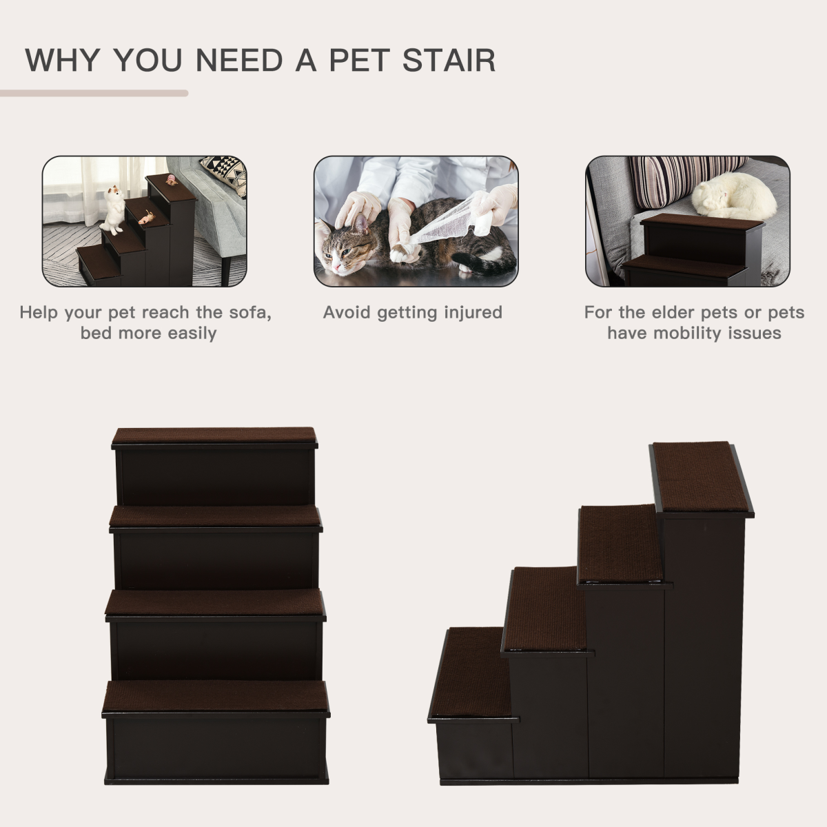 4-Step Wooden Pet Stairs with Plush Cushions