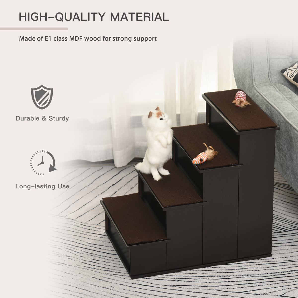 4-Step Wooden Pet Stairs with Plush Cushions