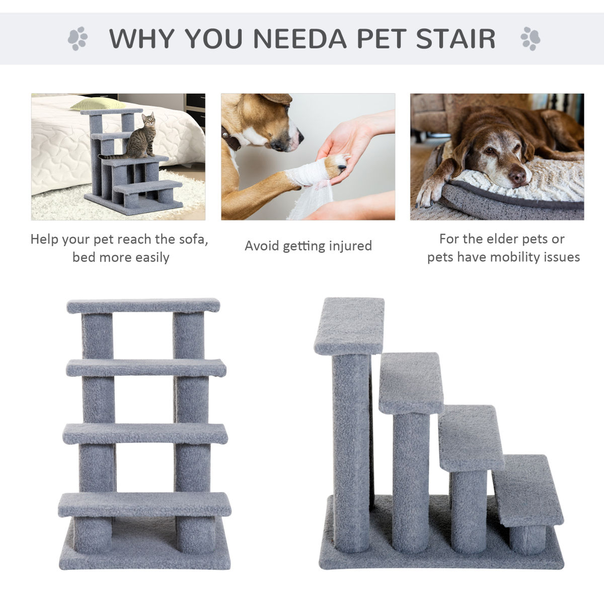 4-Step Grey Pet Ramp & Stairs for Dogs and Cats