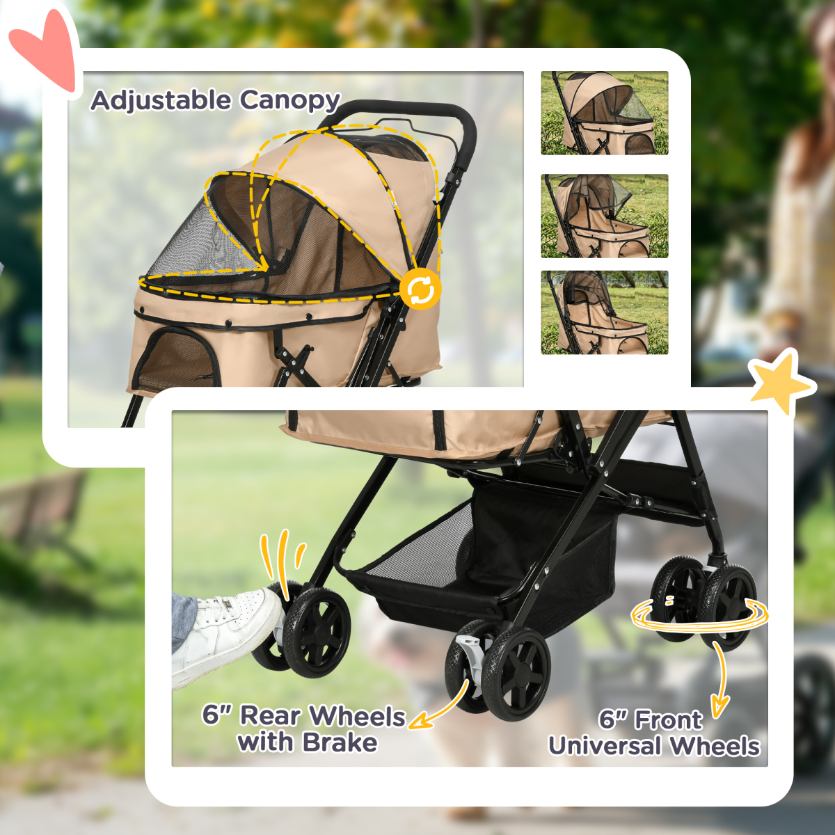 Brown Foldable Dog Stroller with Reversible Handle