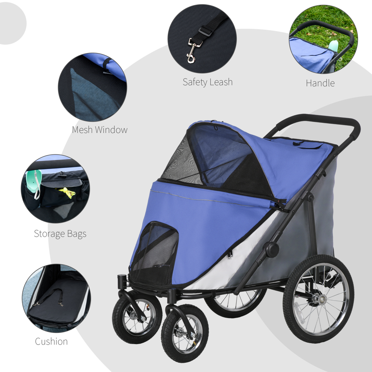 Blue Foldable Pet Stroller with Cushion for Medium & Large Dogs