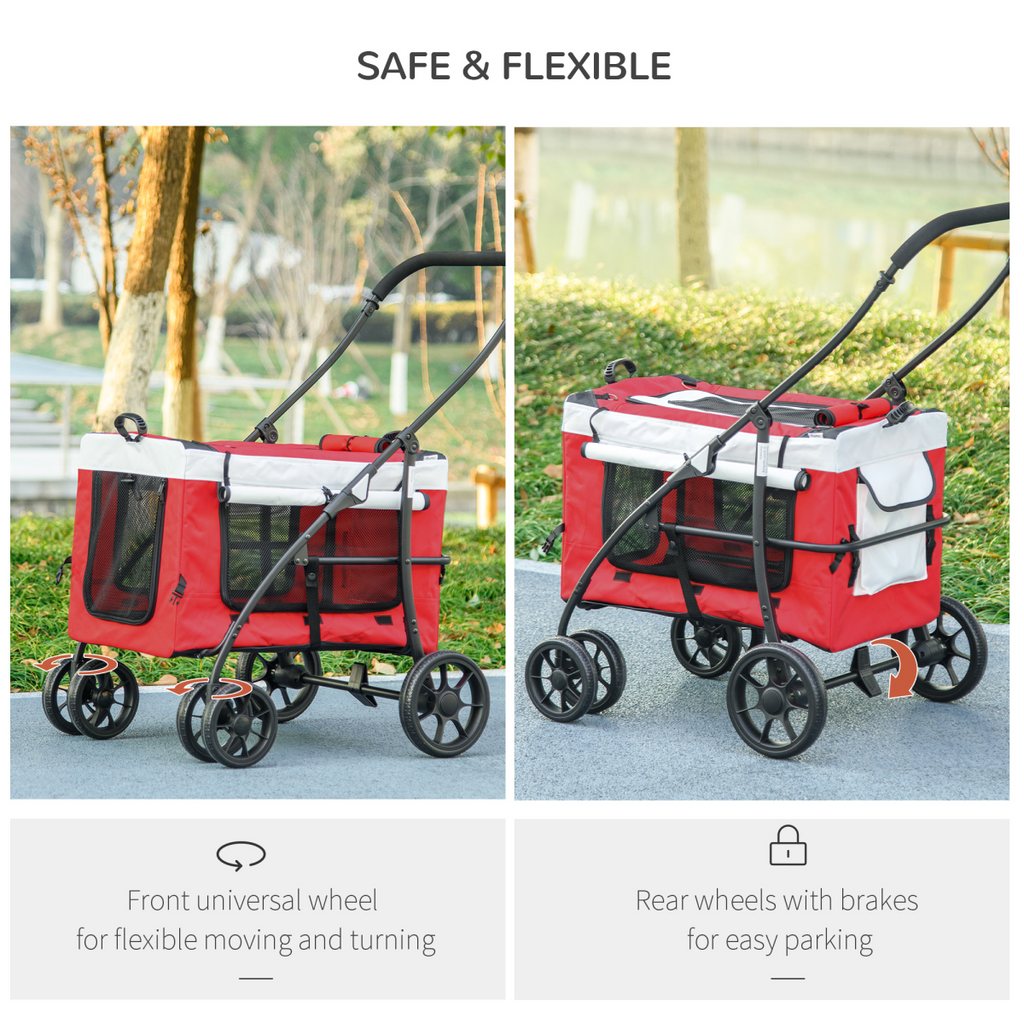Foldable Pet Stroller with Detachable Carrier – Red