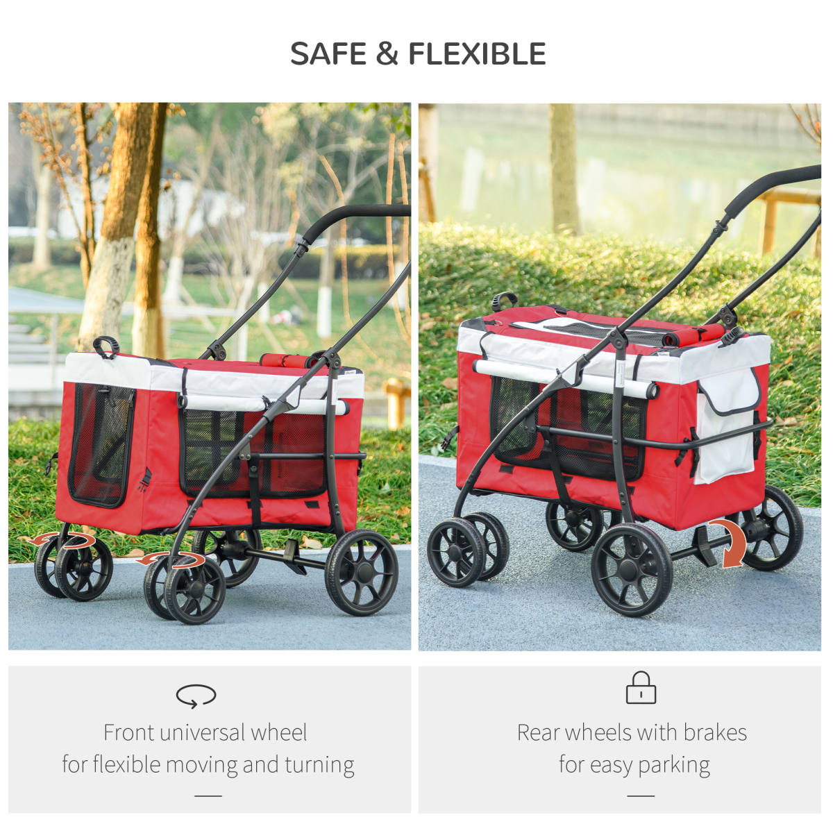 Foldable Pet Stroller with Detachable Carrier – Red