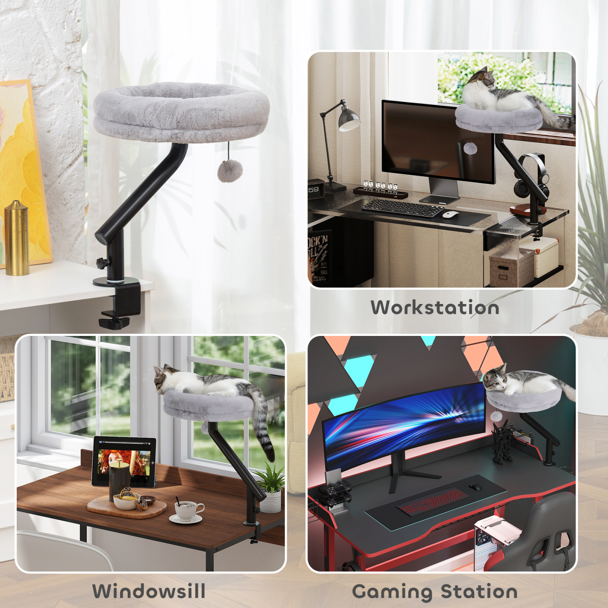 360° Rotating Desk Cat Bed & Adjustable Hammock