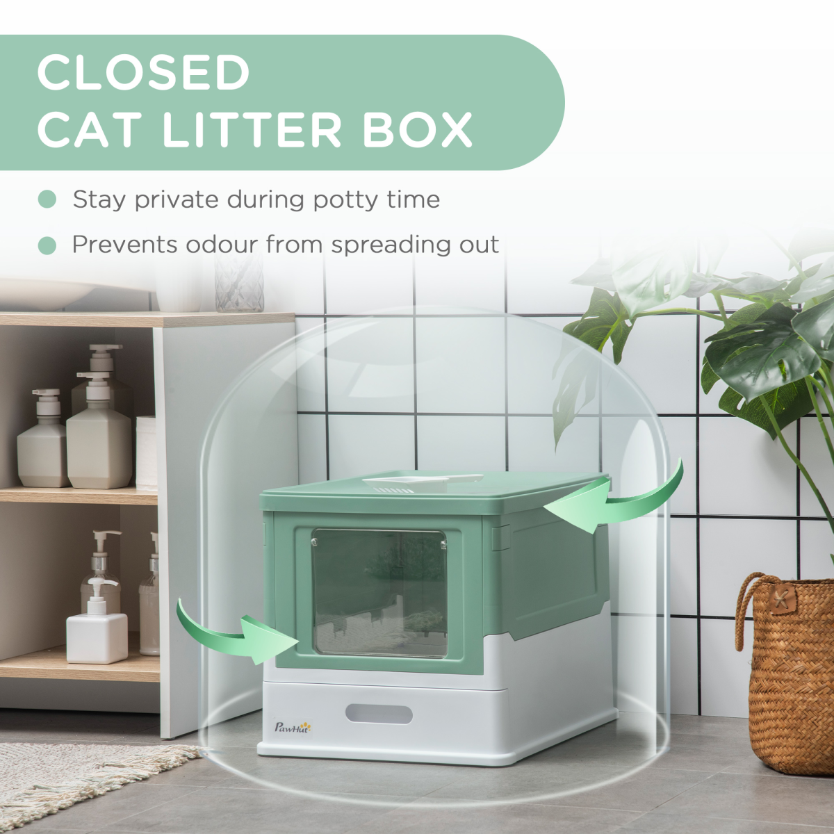 Portable Hooded Cat Litter Box with Scoop – Green