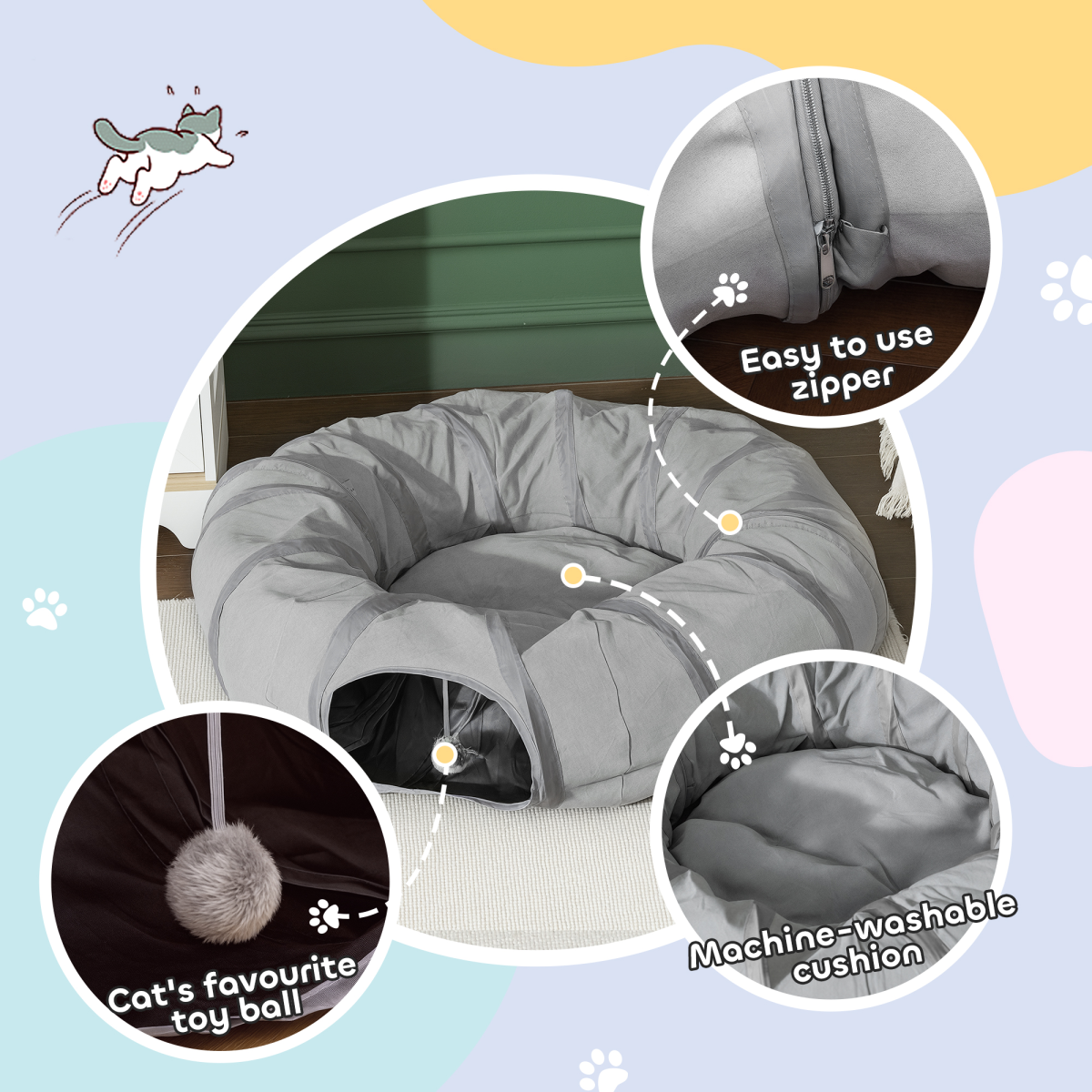 2-in-1 Cat Tunnel & Bed for Indoor Cats – Grey