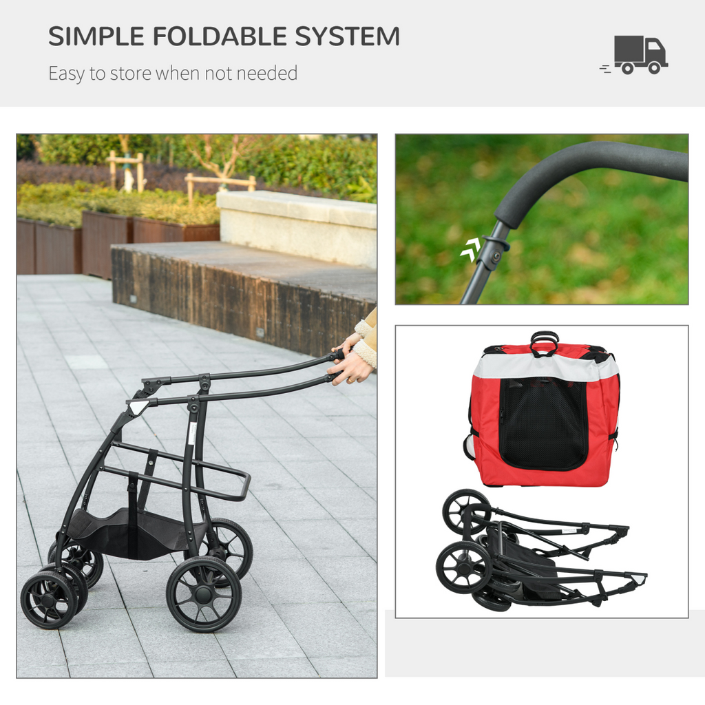 Foldable Pet Stroller with Detachable Carrier – Red