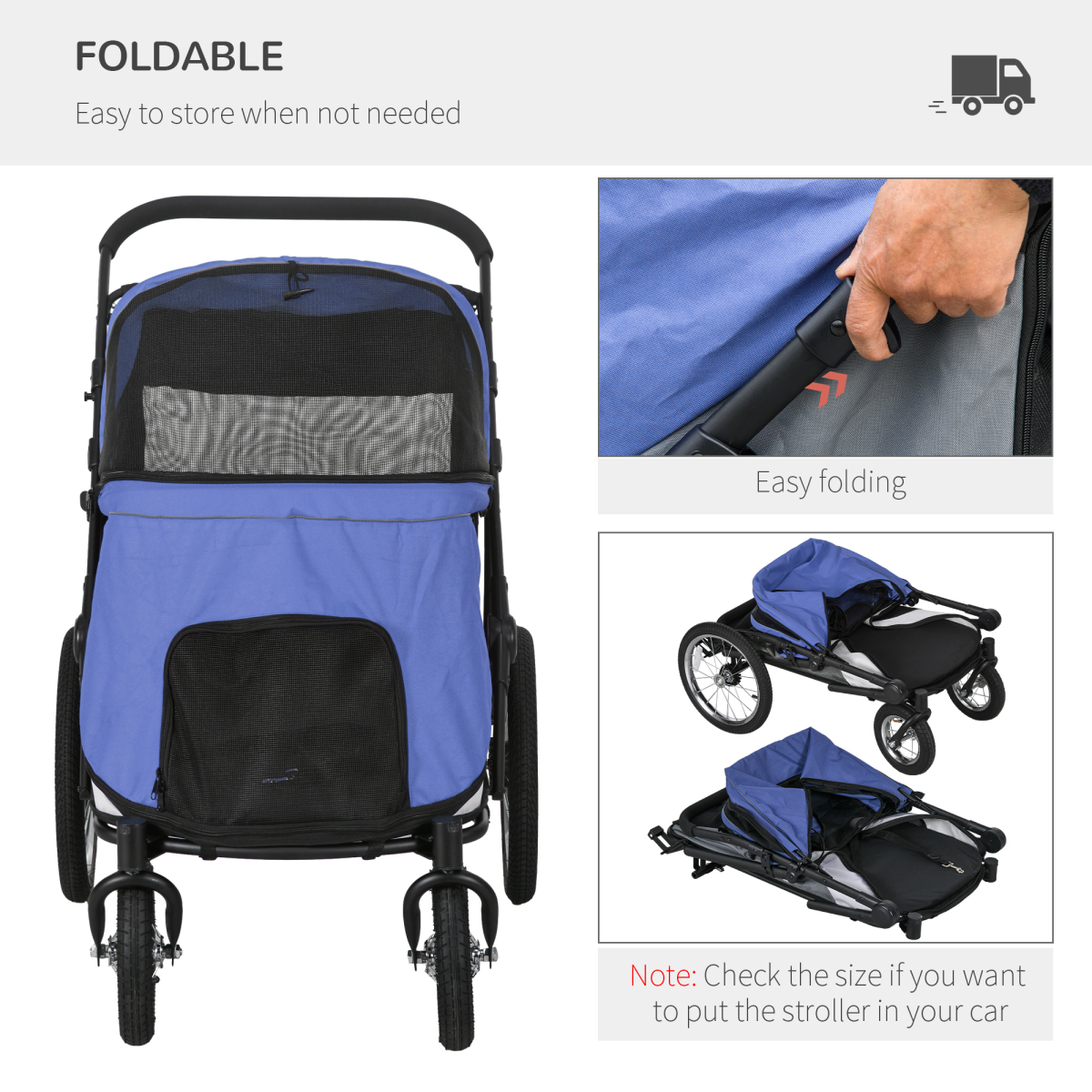 Blue Foldable Pet Stroller with Cushion for Medium & Large Dogs
