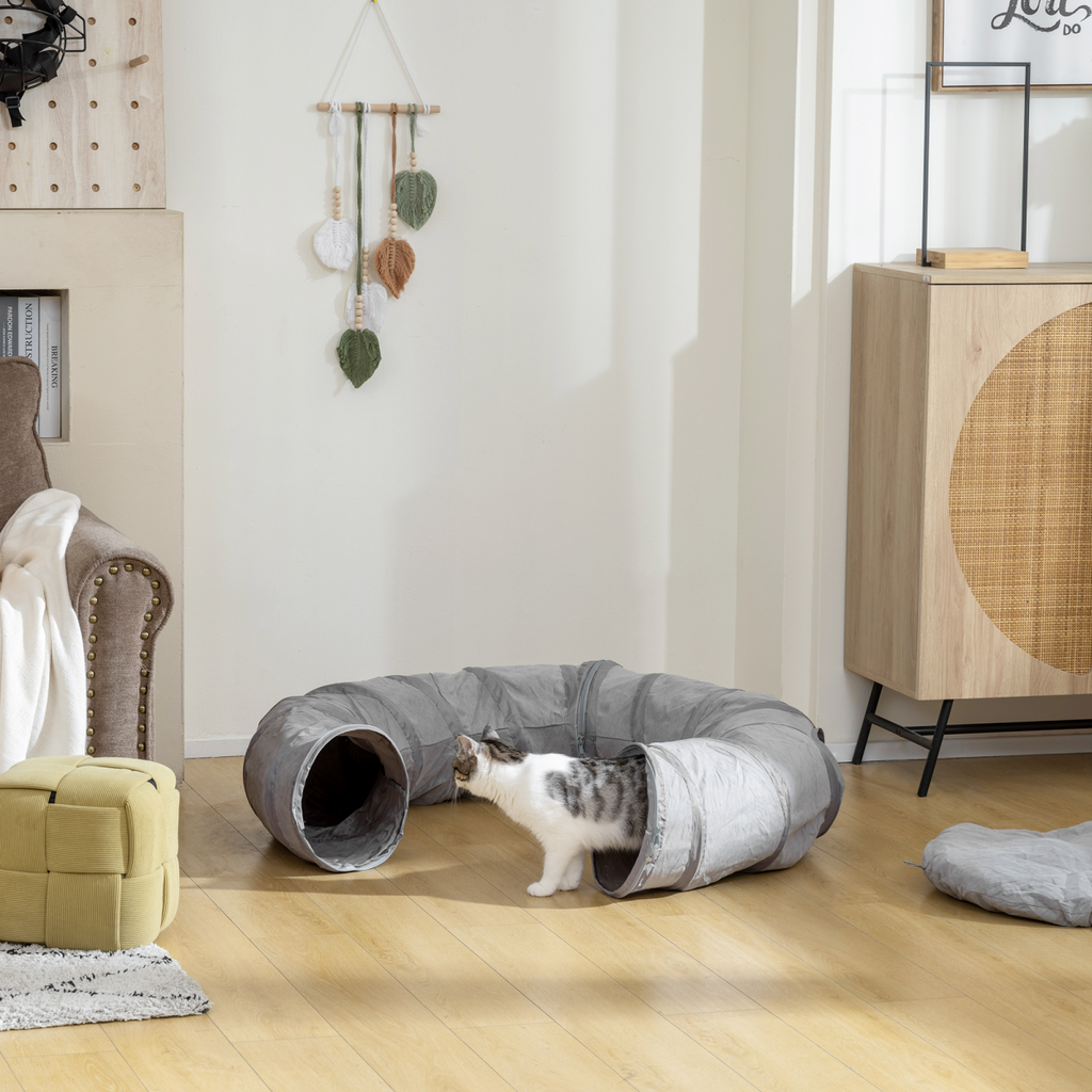 2-in-1 Cat Tunnel & Bed for Indoor Cats – Grey