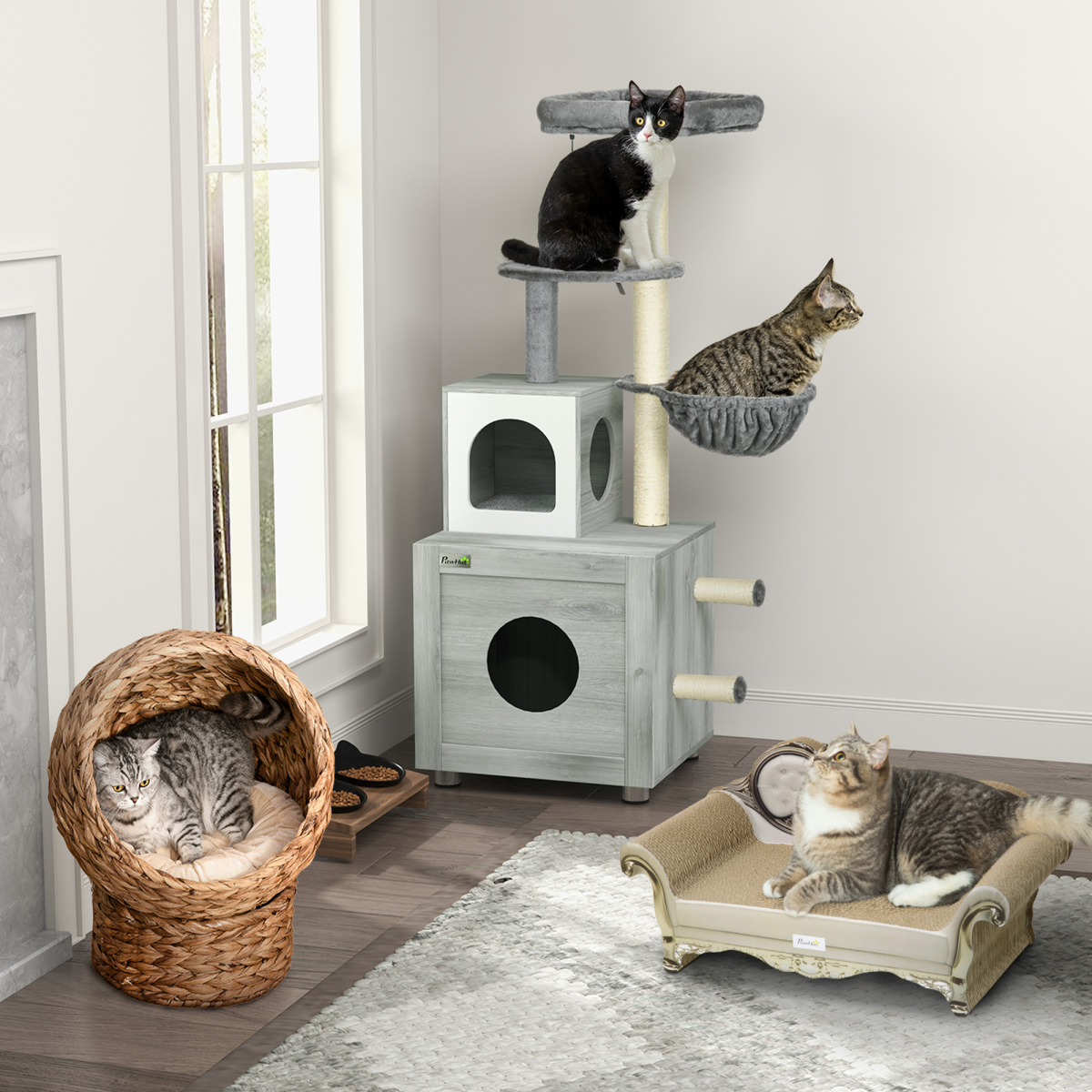 Cat Litter Box Enclosure with Bed & Scratching Posts | Petmelle