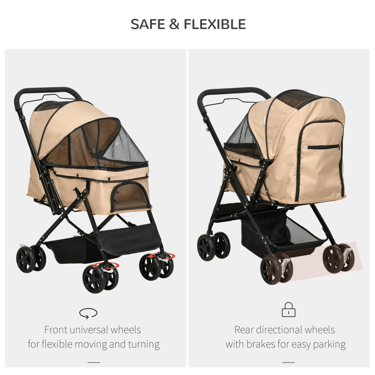 Brown Foldable Dog Stroller with Reversible Handle