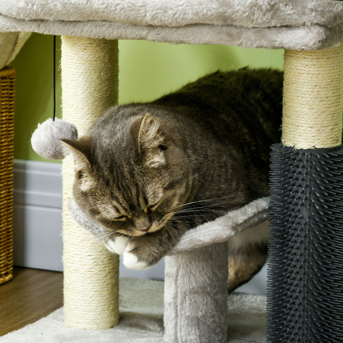 Compact Cat Tree with Bed, Scratching Posts & Self-Groomer