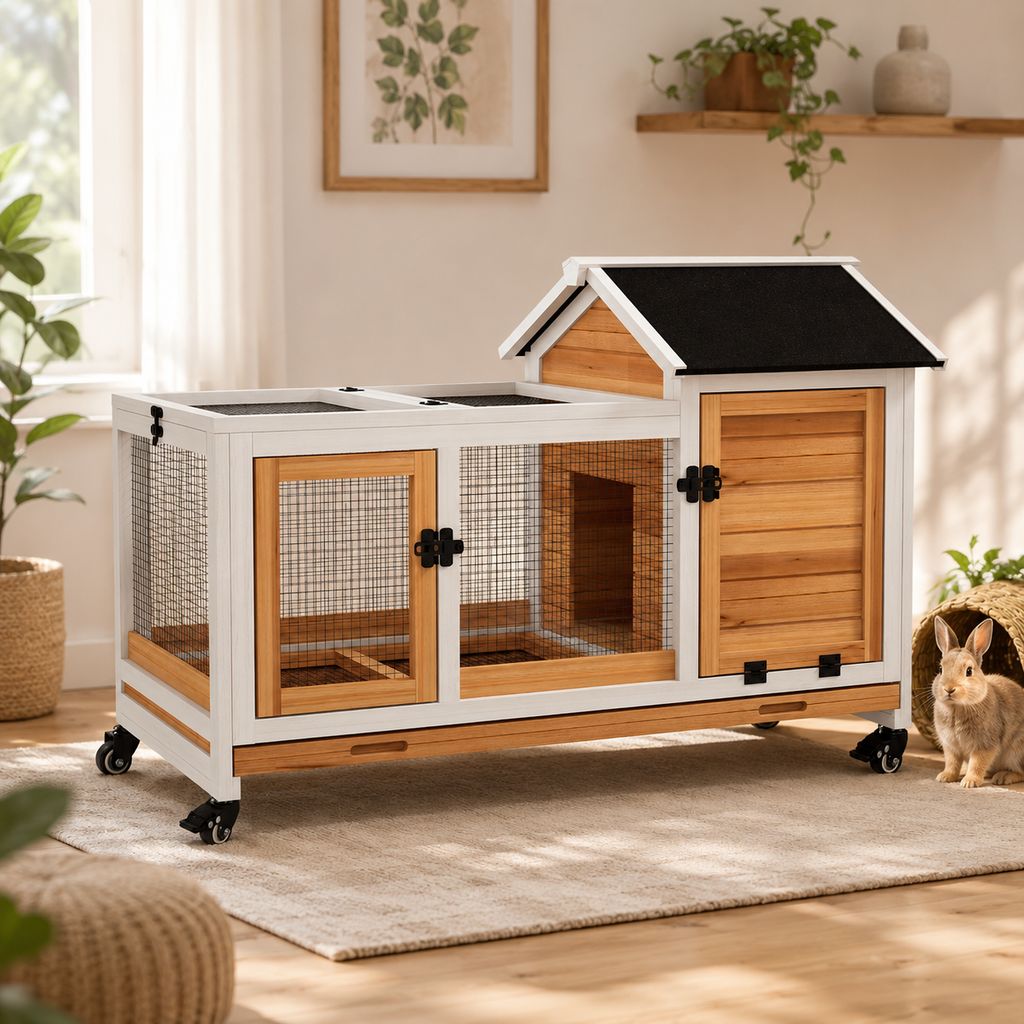 Grey Wooden Rabbit Hutch with Wheels & Removable Tray